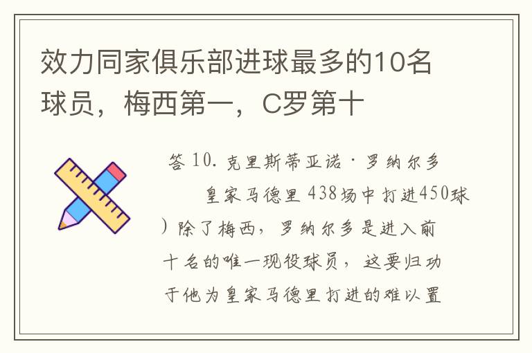 效力同家俱乐部进球最多的10名球员，梅西第一，C罗第十