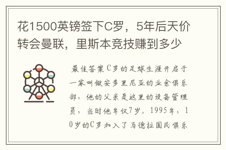 花1500英镑签下C罗，5年后天价转会曼联，里斯本竞技赚到多少钱？