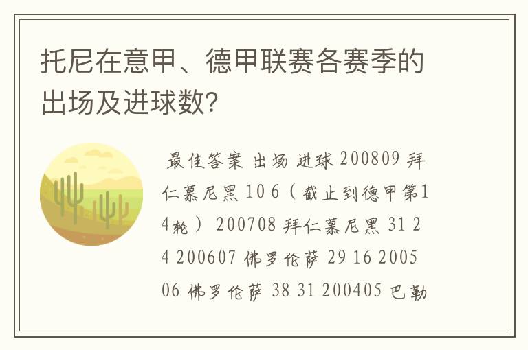 托尼在意甲、德甲联赛各赛季的出场及进球数？