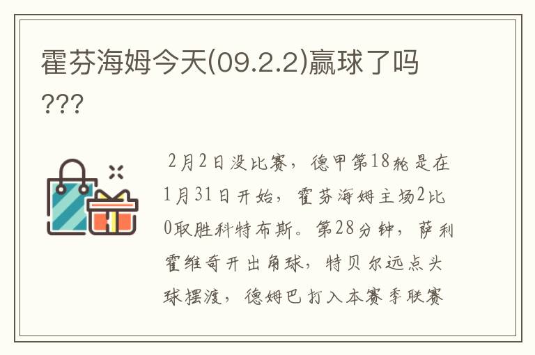 霍芬海姆今天(09.2.2)赢球了吗???