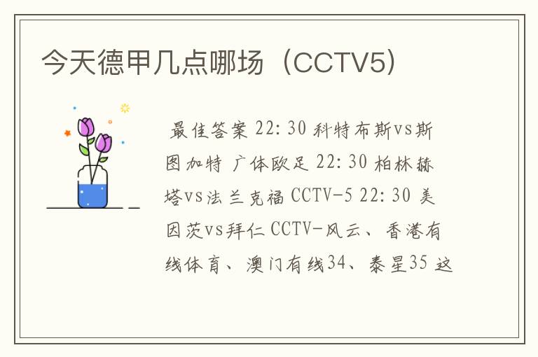 今天德甲几点哪场（CCTV5)