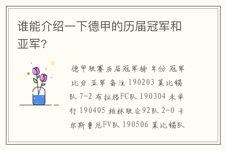 谁能介绍一下德甲的历届冠军和亚军?