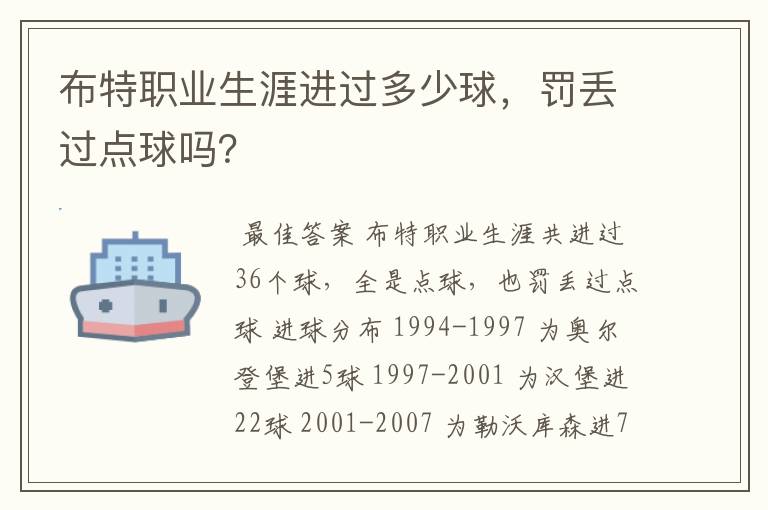 布特职业生涯进过多少球，罚丢过点球吗？