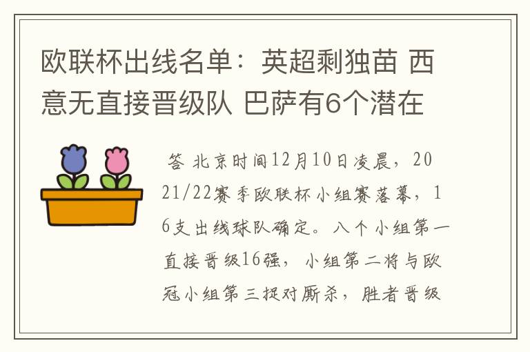 欧联杯出线名单：英超剩独苗 西意无直接晋级队 巴萨有6个潜在对手