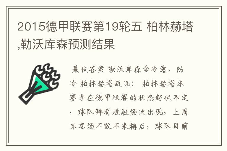 2015德甲联赛第19轮五 柏林赫塔,勒沃库森预测结果