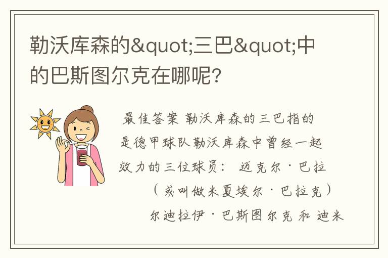 勒沃库森的"三巴"中的巴斯图尔克在哪呢?