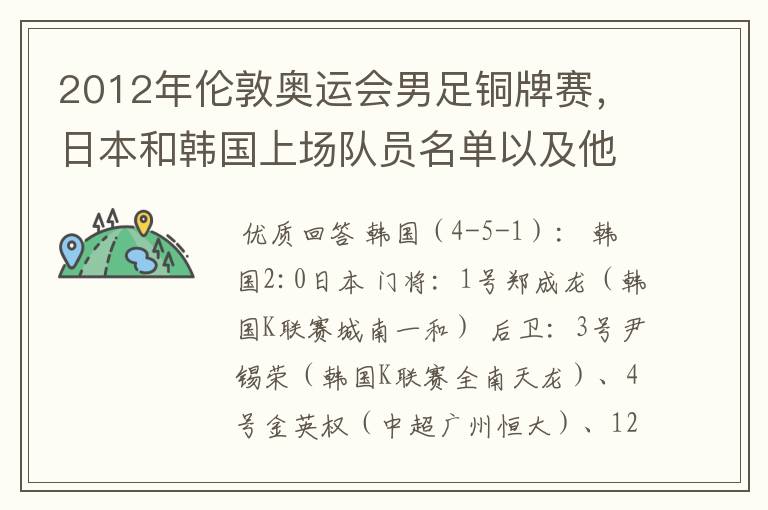 2012年伦敦奥运会男足铜牌赛，日本和韩国上场队员名单以及他们效力的俱乐部？