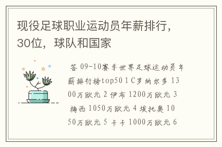 现役足球职业运动员年薪排行，30位，球队和国家