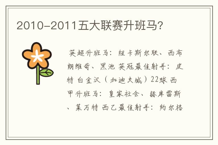 2010-2011五大联赛升班马?