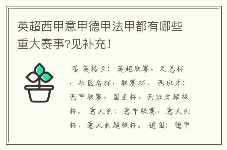 英超西甲意甲德甲法甲都有哪些重大赛事?见补充！