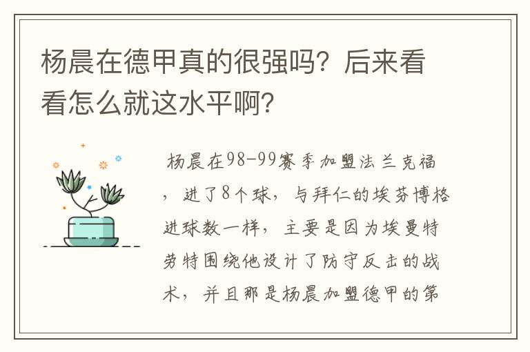 杨晨在德甲真的很强吗？后来看看怎么就这水平啊？