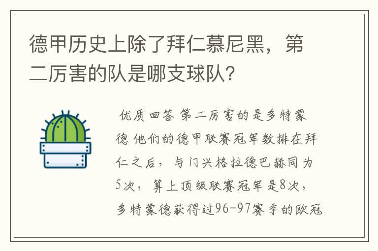 德甲历史上除了拜仁慕尼黑，第二厉害的队是哪支球队？