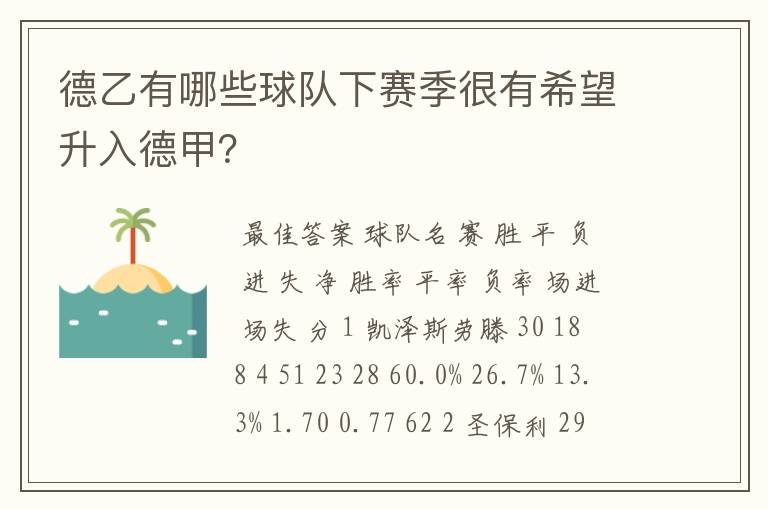 德乙有哪些球队下赛季很有希望升入德甲？