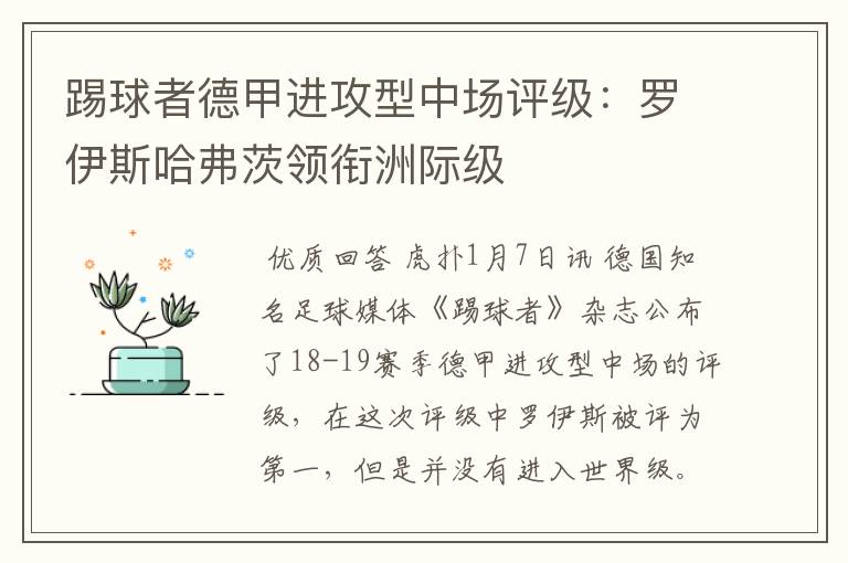 踢球者德甲进攻型中场评级：罗伊斯哈弗茨领衔洲际级