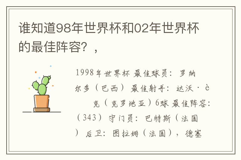 谁知道98年世界杯和02年世界杯的最佳阵容？，