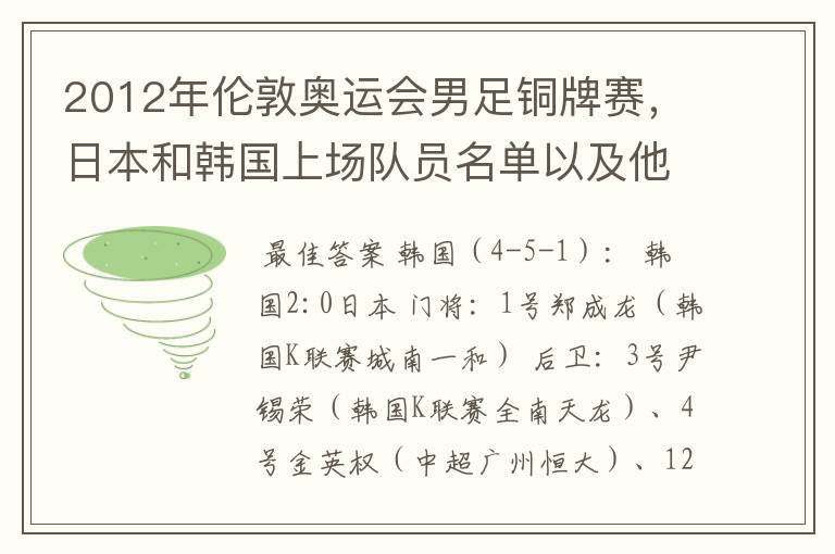 2012年伦敦奥运会男足铜牌赛，日本和韩国上场队员名单以及他们效力的俱乐部？