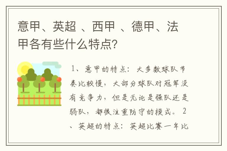 意甲、英超 、西甲 、德甲、法甲各有些什么特点？