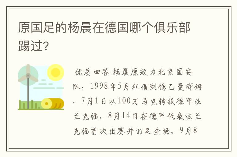 原国足的杨晨在德国哪个俱乐部踢过?