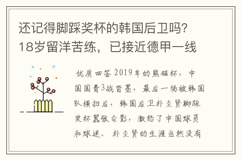 还记得脚踩奖杯的韩国后卫吗？18岁留洋苦练，已接近德甲一线队