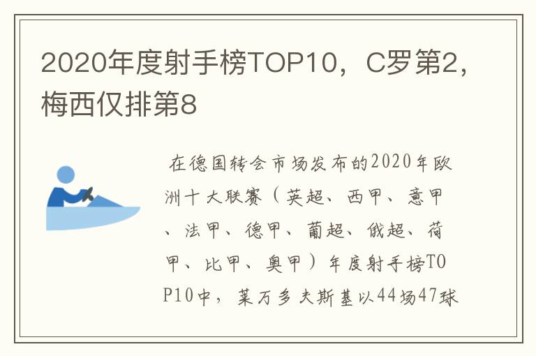 2020年度射手榜TOP10，C罗第2，梅西仅排第8