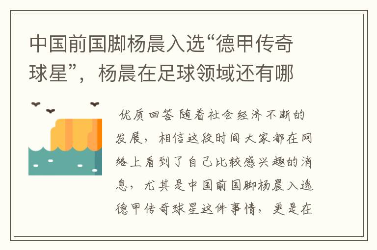 中国前国脚杨晨入选“德甲传奇球星”，杨晨在足球领域还有哪些成就？