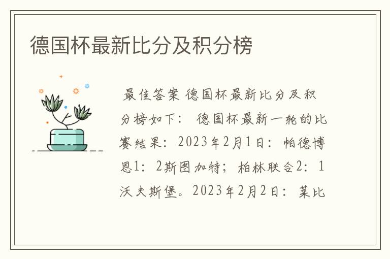 德国杯最新比分及积分榜