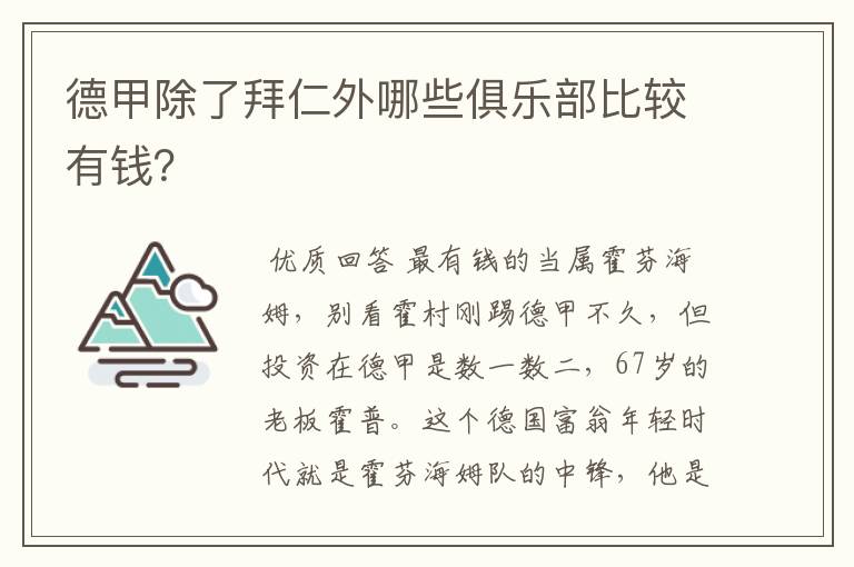 德甲除了拜仁外哪些俱乐部比较有钱？