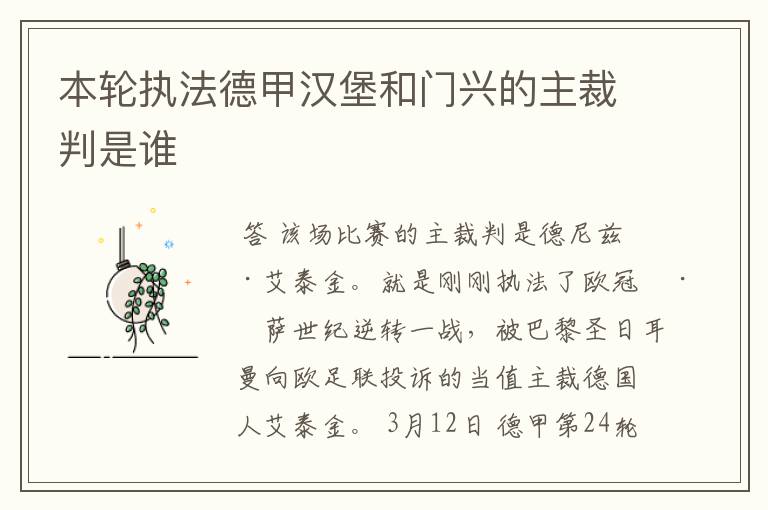 本轮执法德甲汉堡和门兴的主裁判是谁