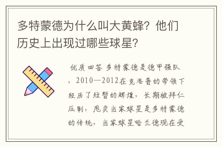 多特蒙德为什么叫大黄蜂？他们历史上出现过哪些球星？