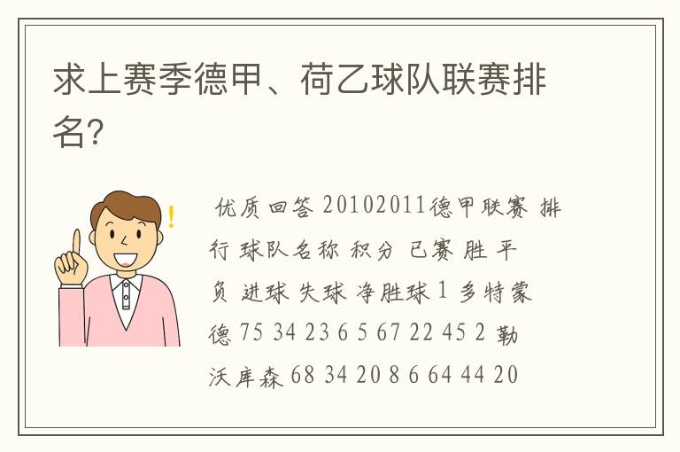 求上赛季德甲、荷乙球队联赛排名？