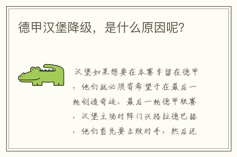 德甲汉堡降级，是什么原因呢？