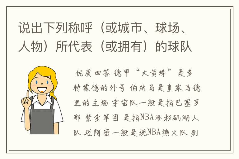 说出下列称呼（或城市、球场、人物）所代表（或拥有）的球队: 德甲“大黄蜂” 伯纳乌 宇宙队 紫