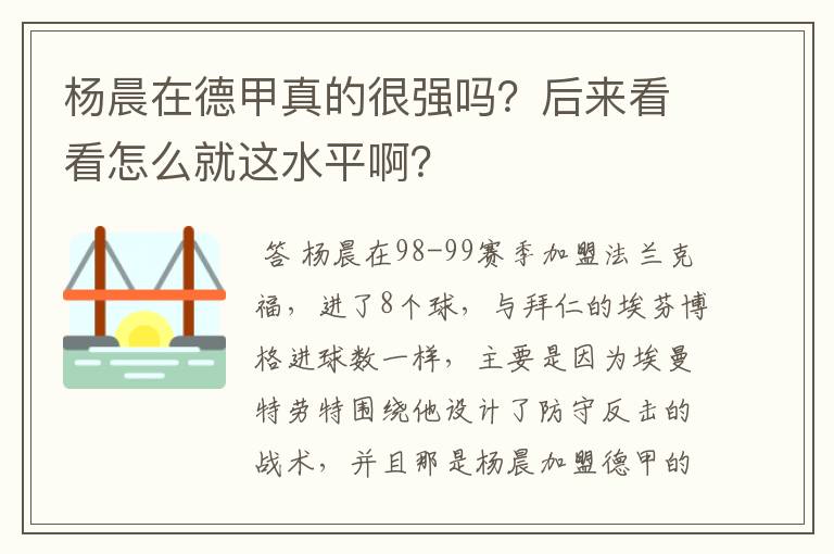 杨晨在德甲真的很强吗？后来看看怎么就这水平啊？