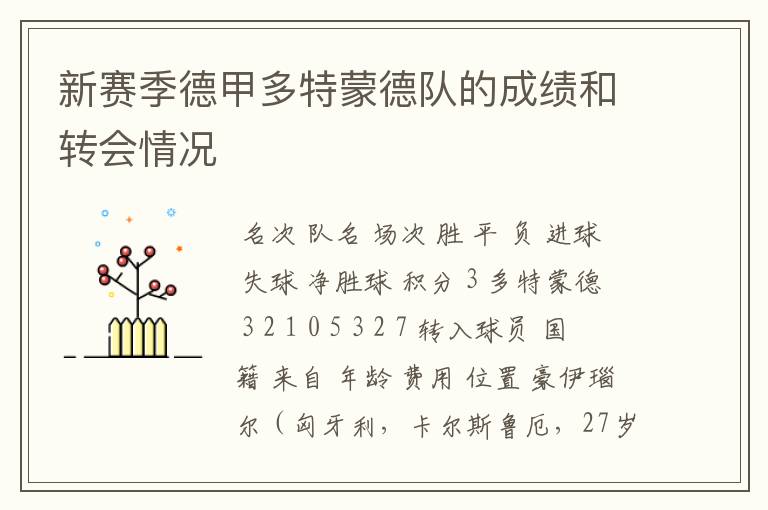 新赛季德甲多特蒙德队的成绩和转会情况