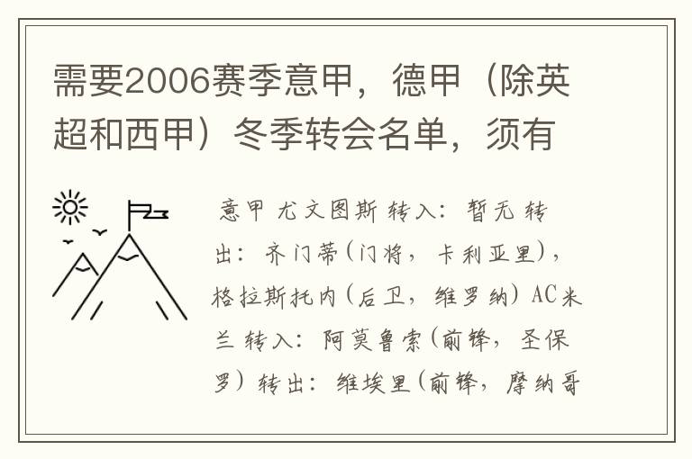 需要2006赛季意甲，德甲（除英超和西甲）冬季转会名单，须有转会方式