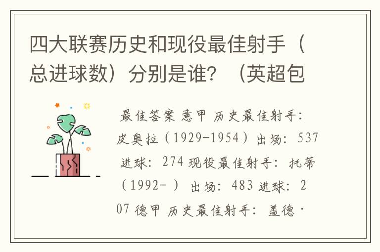 四大联赛历史和现役最佳射手（总进球数）分别是谁？（英超包括英甲）