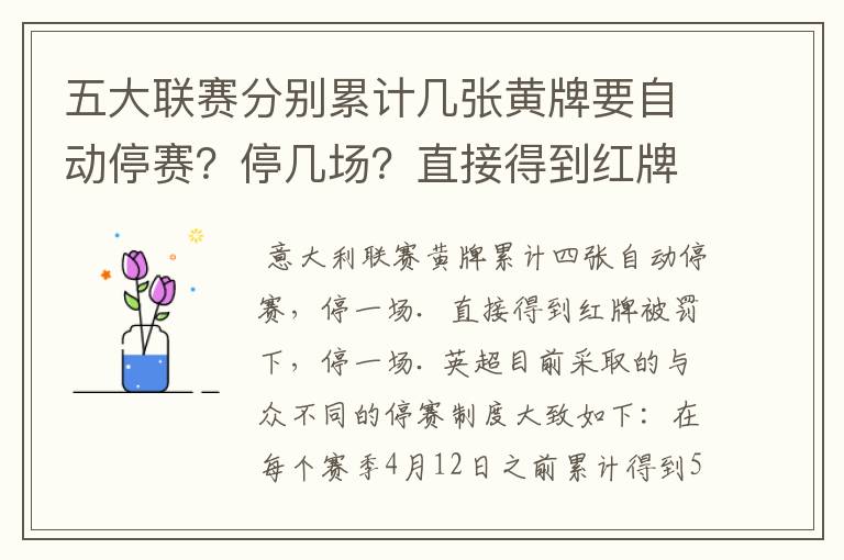 五大联赛分别累计几张黄牌要自动停赛？停几场？直接得到红牌又如何？