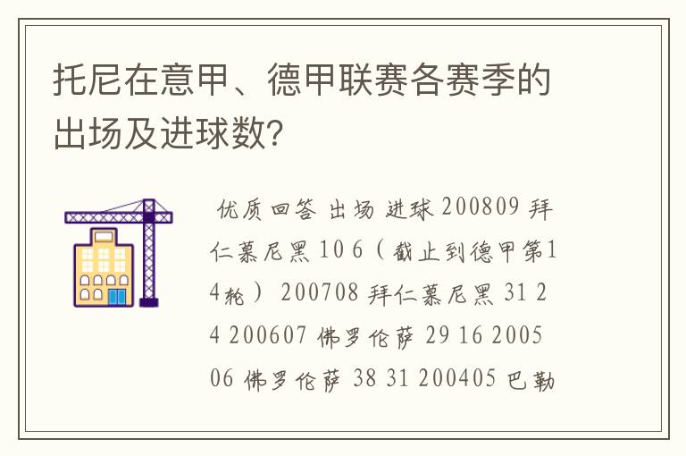 托尼在意甲、德甲联赛各赛季的出场及进球数？