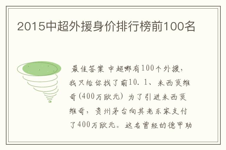 2015中超外援身价排行榜前100名