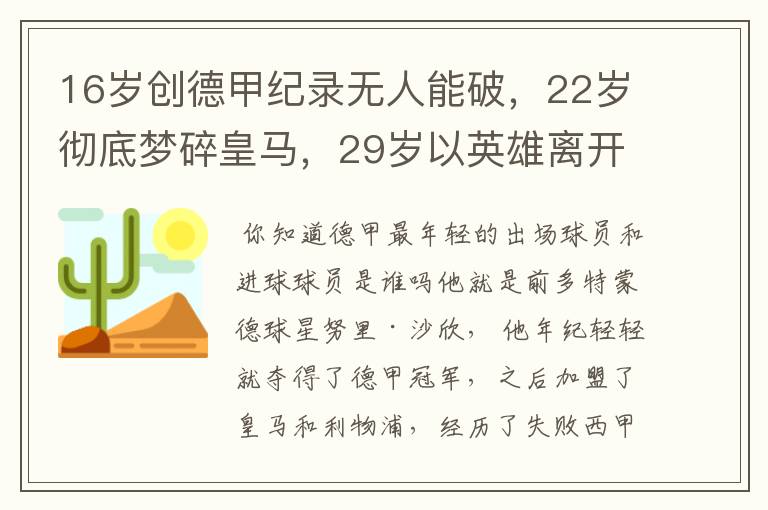 16岁创德甲纪录无人能破，22岁彻底梦碎皇马，29岁以英雄离开多特