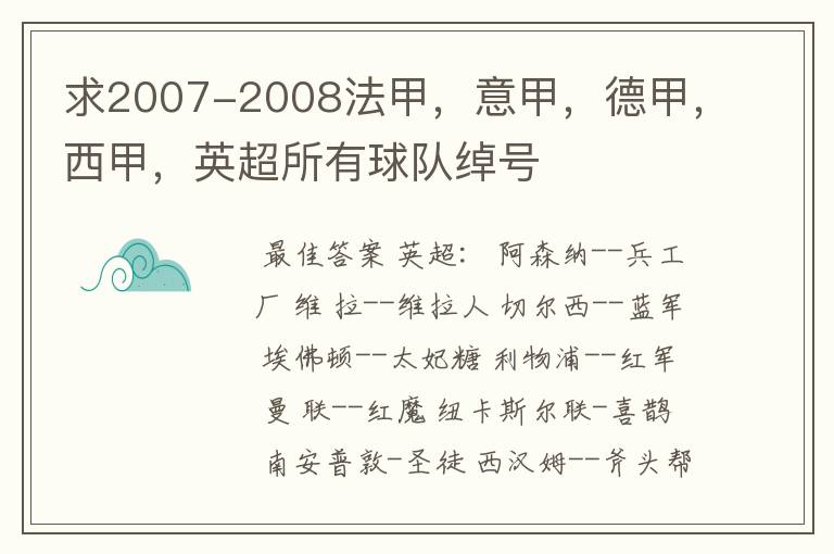 求2007-2008法甲，意甲，德甲，西甲，英超所有球队绰号