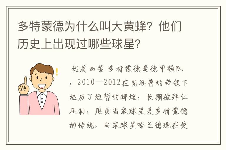 多特蒙德为什么叫大黄蜂？他们历史上出现过哪些球星？