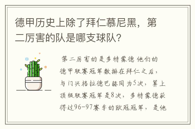 德甲历史上除了拜仁慕尼黑，第二厉害的队是哪支球队？