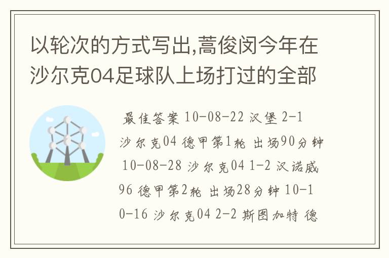 以轮次的方式写出,蒿俊闵今年在沙尔克04足球队上场打过的全部德甲比赛