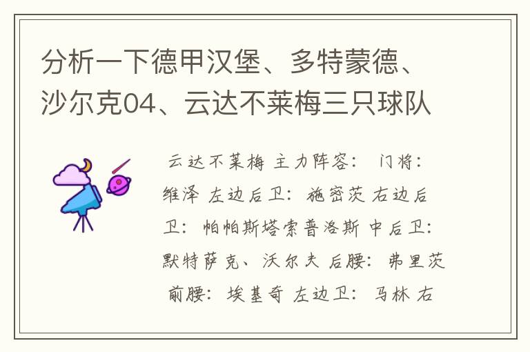 分析一下德甲汉堡、多特蒙德、沙尔克04、云达不莱梅三只球队的人员打法和阵型