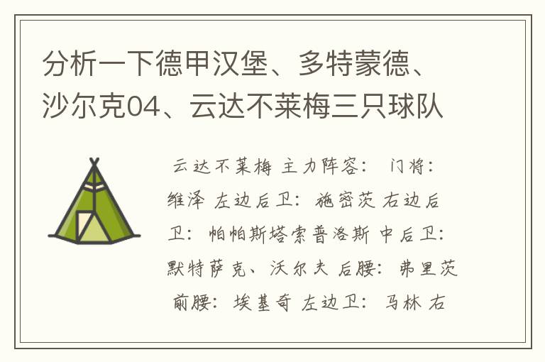 分析一下德甲汉堡、多特蒙德、沙尔克04、云达不莱梅三只球队的人员打法和阵型