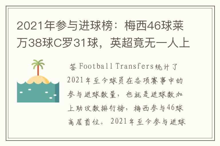 2021年参与进球榜：梅西46球莱万38球C罗31球，英超竟无一人上榜