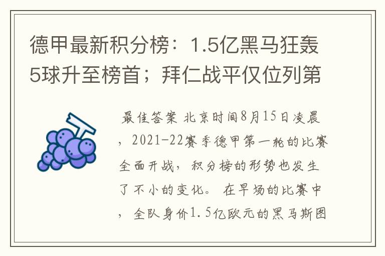 德甲最新积分榜：1.5亿黑马狂轰5球升至榜首；拜仁战平仅位列第7