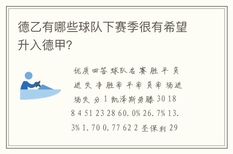 德乙有哪些球队下赛季很有希望升入德甲？