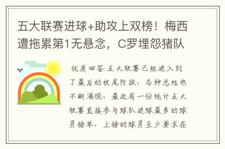 五大联赛进球+助攻上双榜！梅西遭拖累第1无悬念，C罗埋怨猪队友